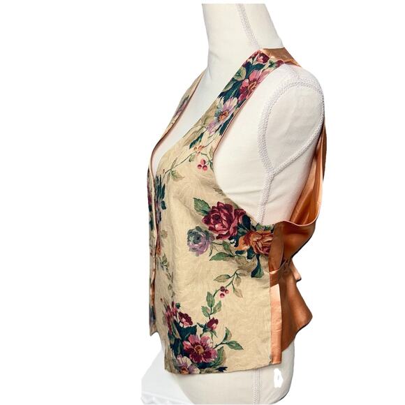 VTG 90s Floral Tapestry Medium Vest Cream Jacquard Peach Satin Button Cottage - Picture 2 of 7